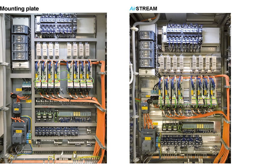 Figure 1: A look inside the control cabinet test setup at Audi Hungaria in Györ: with an AirSTREAM wiring frame (left) and conventional mounting plate (right).